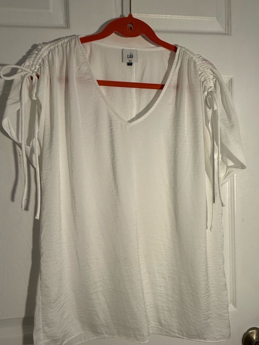 CAbi White V-Neck Ruched Tie Sleeve Blouse